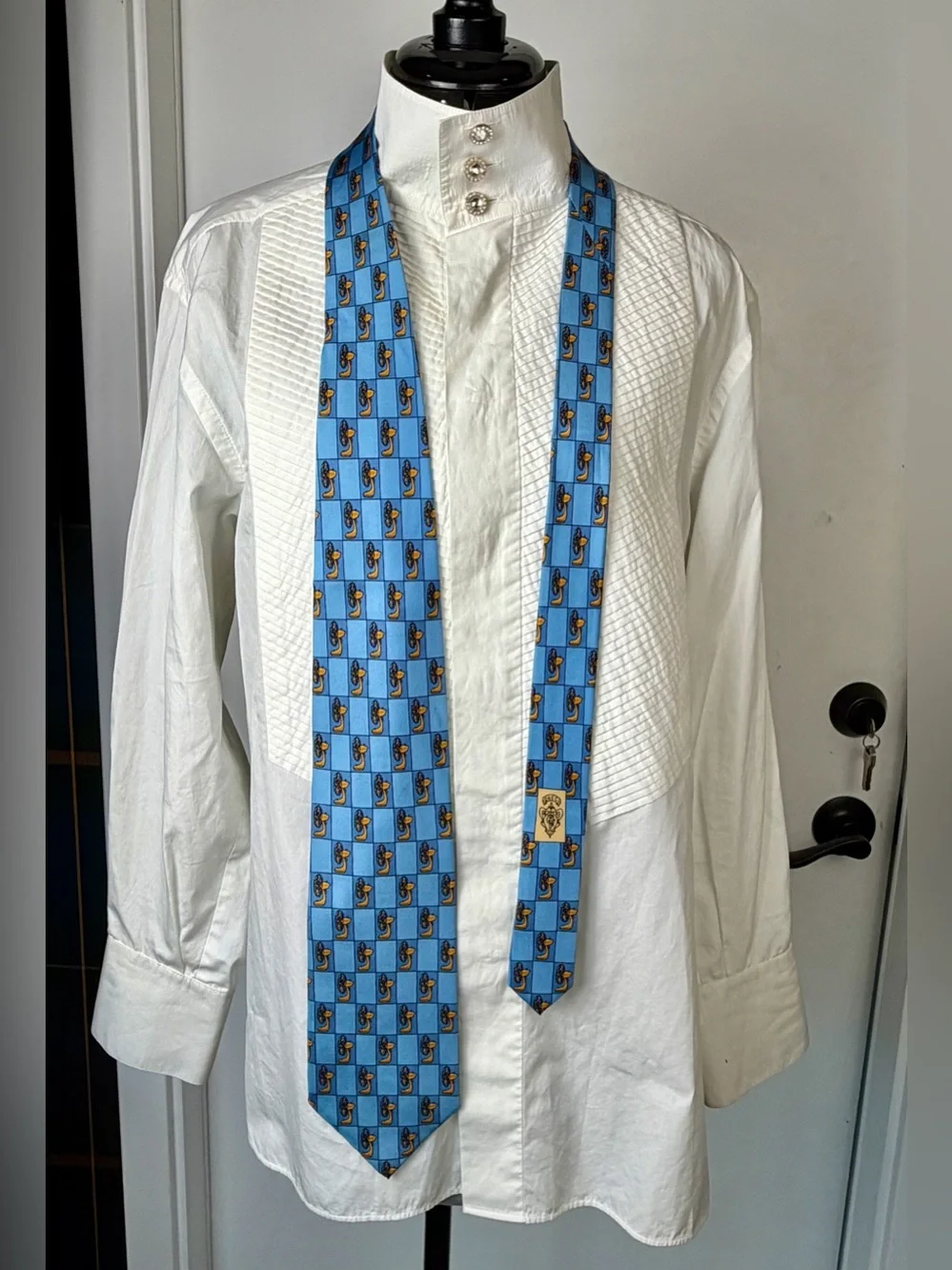 Gucci silk tie w/ electric fan pattern, blue/yellow, 54” 3.25”, GUC